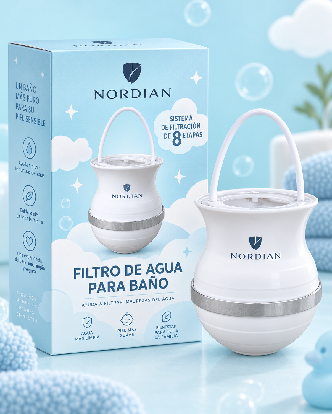Filtro Nordian en un baño con burbujas y juguetes